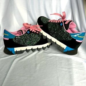 EUC! Worn once! Pink, black and green glitter Dolce and Gabbana sneakers!
